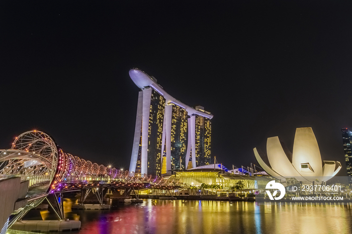 Night View of Marina Bay Sands and Helix Bridge,Singapore