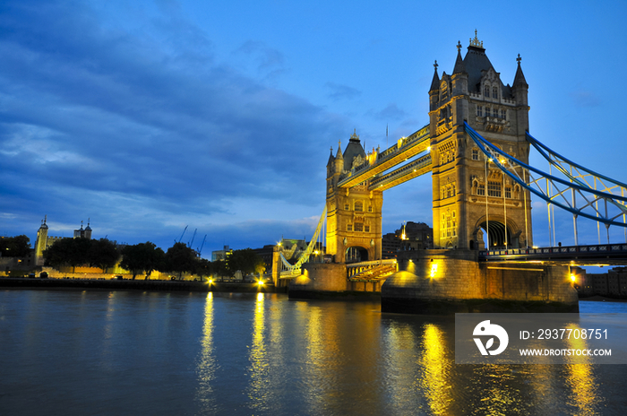 Illuminated London Bridge at night, England