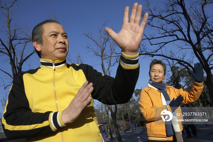 老年人在公园打拳