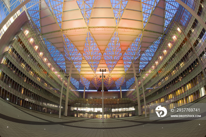 Birds eye view of walkway with columned ceiling in illuminated modern office building