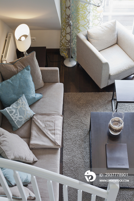 High angle view of contemporary living room