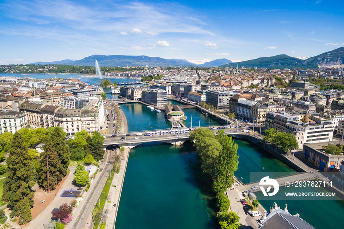 瑞士日内瓦市莱曼湖的鸟瞰图