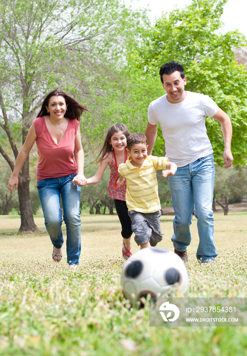 父母和两个小孩在绿茵场上踢足球