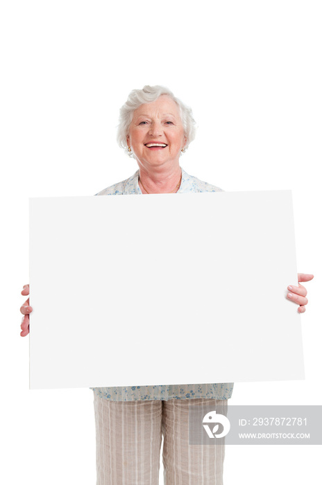 Happy senior lady with sign