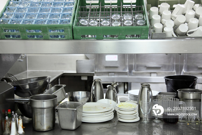 Restaurant kitchen dishwasher area