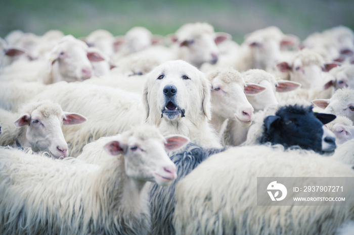一只牧羊犬从羊群中探出头来。伪装，独特和/或迷失在人群中