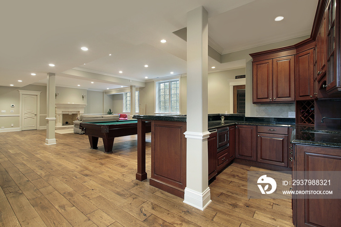 Basement with fireplace and bar