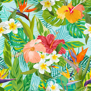 热带花卉和树叶背景-复古无缝模式