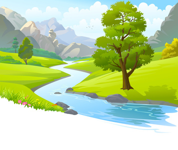 河流流经群山和风景优美的绿野